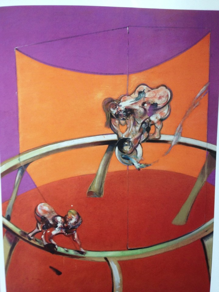 Woman emptying a bucket of water / paralytic child walking on all fours