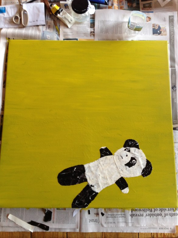 Yellow green textured canvas with assembled panda collage