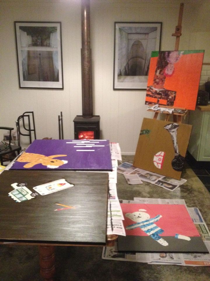 Messy kitchen before art goes up