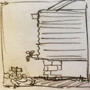 Sketch of water tank and wind-up frog by Ray Monde