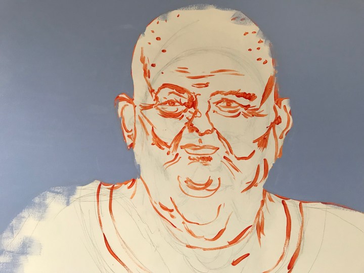 close up sketch of Les Murray by Ray Monde