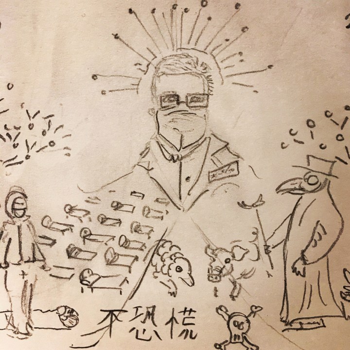 Pencil sketch by Ray Monde with Li Wenliang as central figure