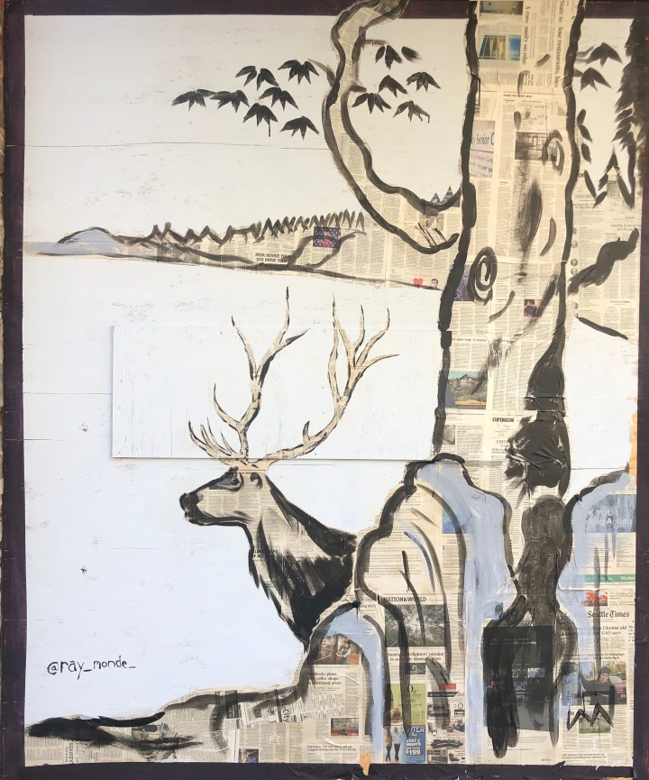 Paste-up by Ray Monde of elk and ancient pine tree