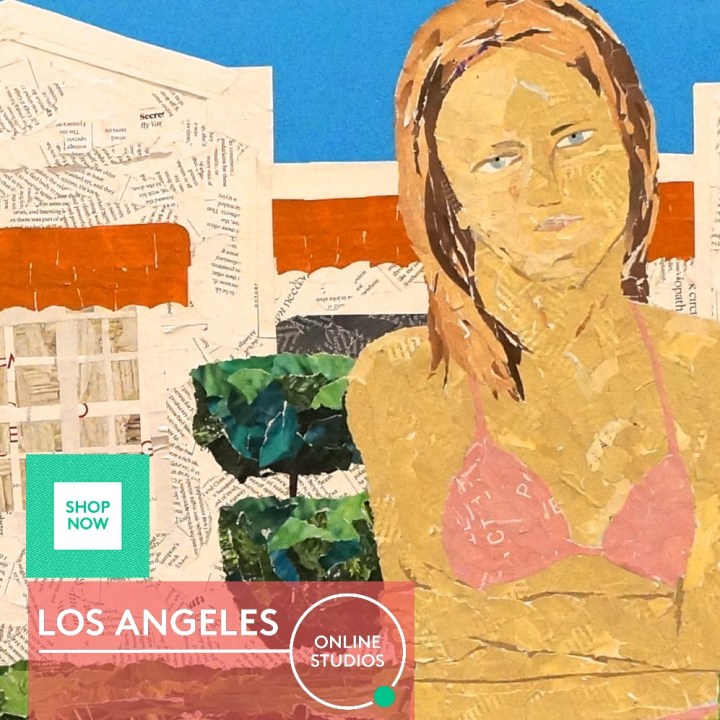 Woman outside a Spanish hacienda style building in LA by artist Ray Monde