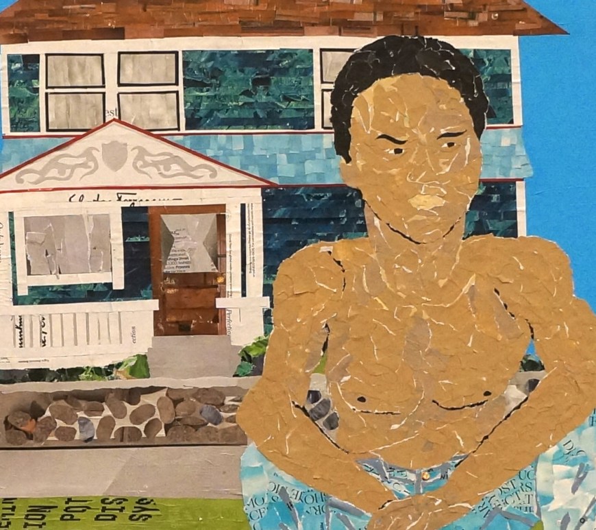 Artwork by Ray Monde of young African American outside LA house