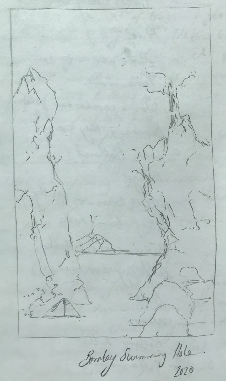 Pencil sketch of towering rocks in a river by Ray Monde