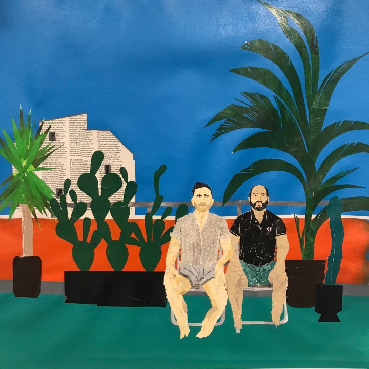 Work in progress image of two men on lawn chairs on their balcony by Ray Monde
