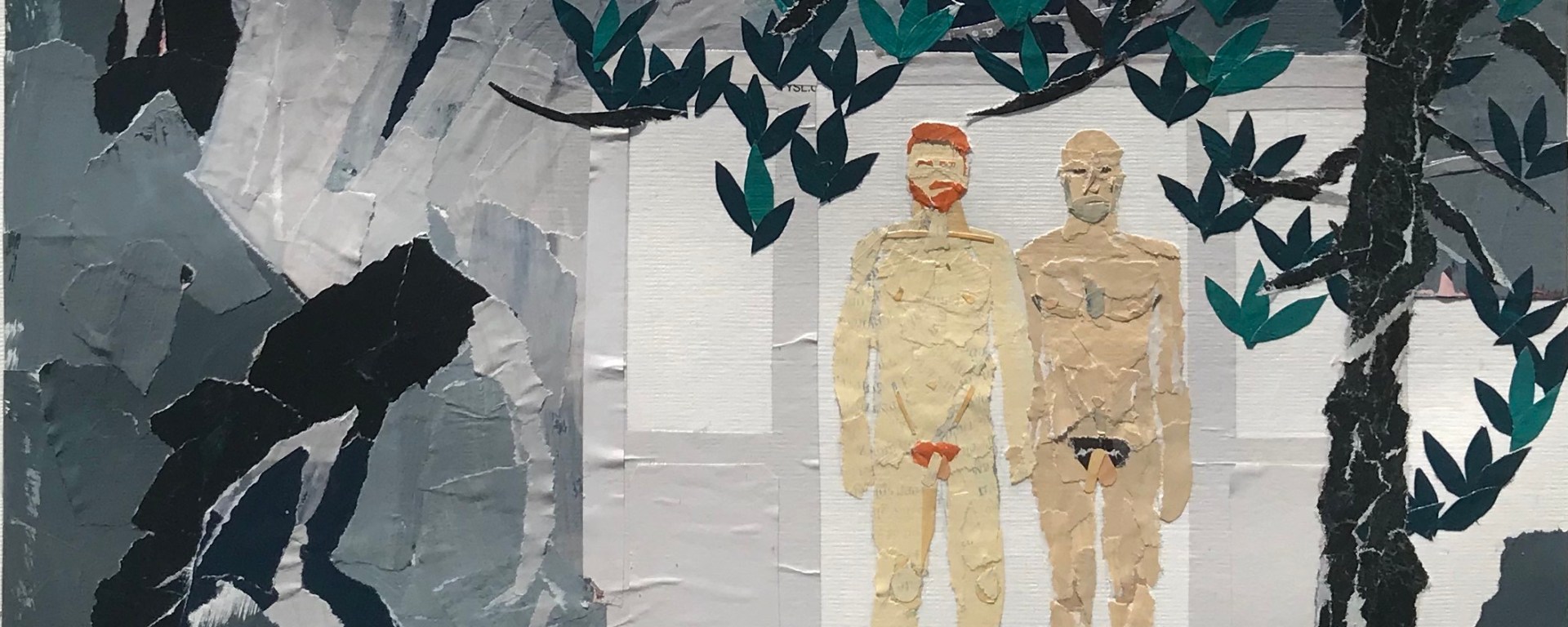 Two naked men holding hands in a granite landscape