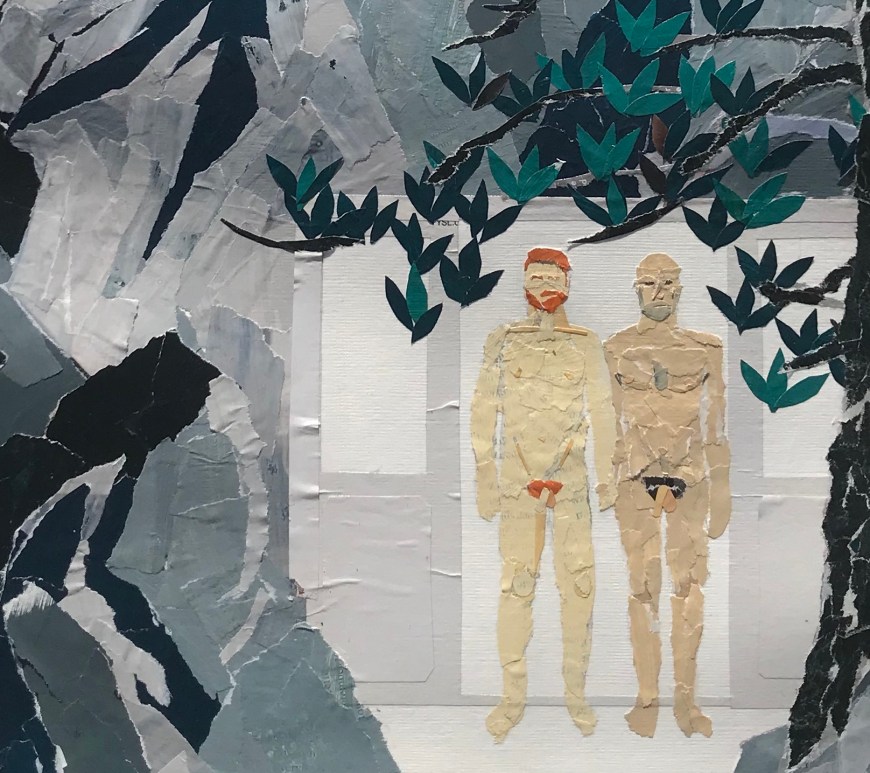 Two naked men holding hands in a granite landscape