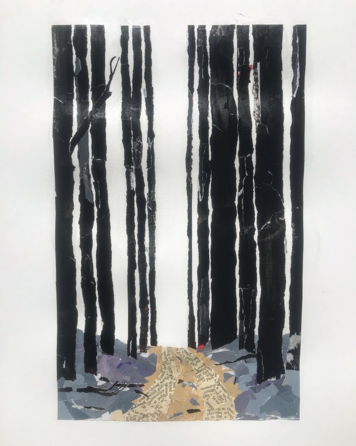 Dirt road lined with tall burnt eucalyptus trees by Ray Monde artist