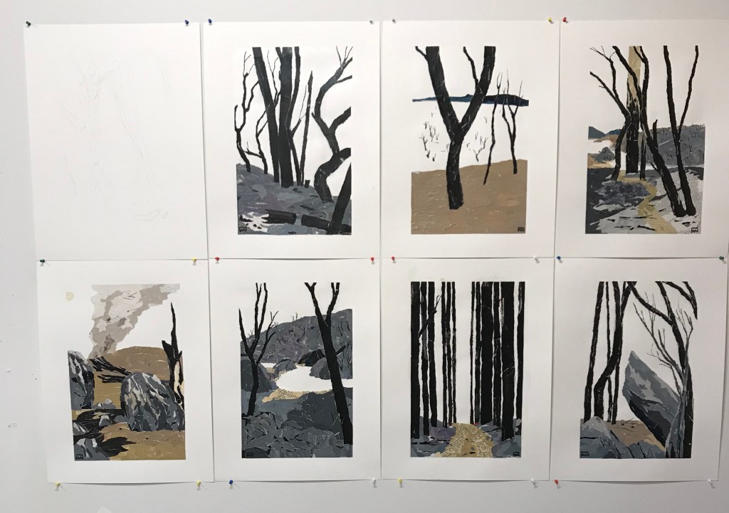 Bushfire artworks on Ray Monde's studio wall