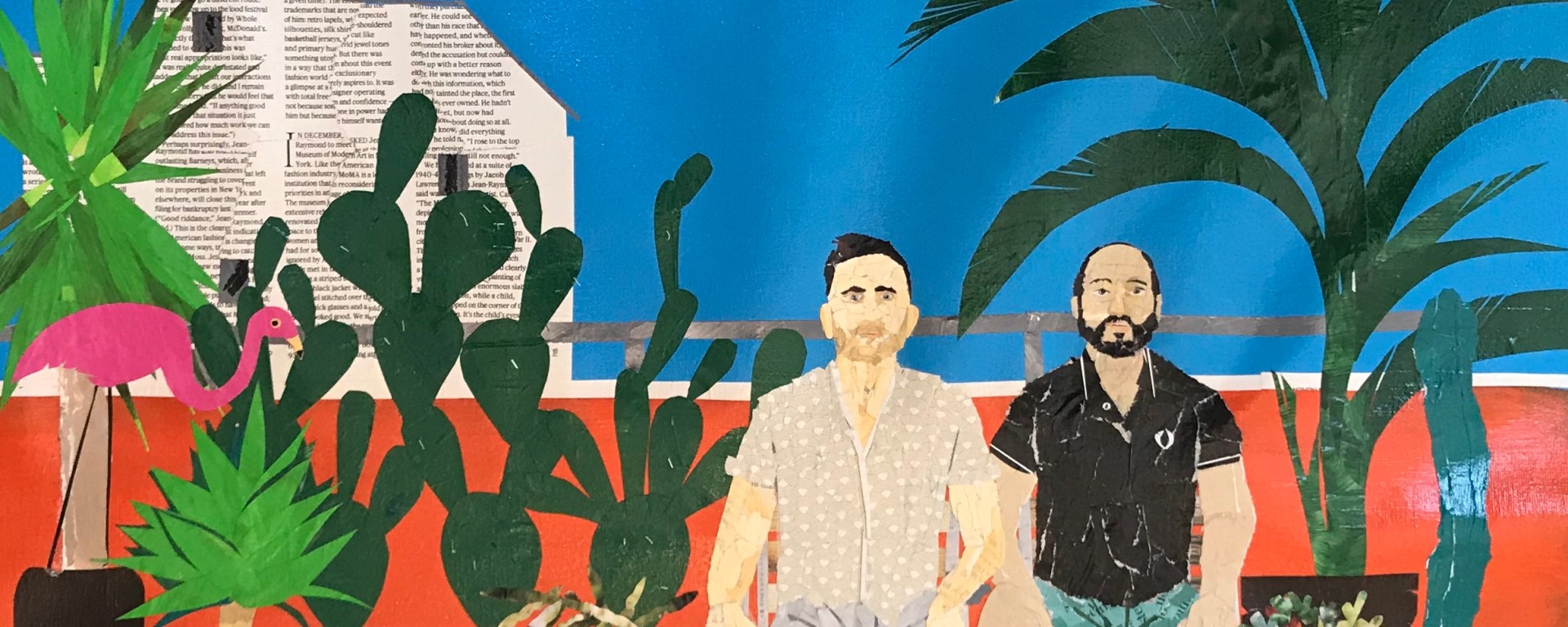 Artwork of two men and a dog on balcony by Ray Monde