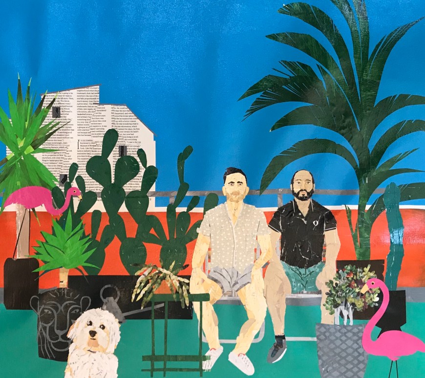 Artwork of two men and a dog on balcony by Ray Monde