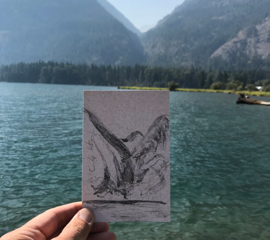sketch in charcoal of glacial lake by Ray Monde