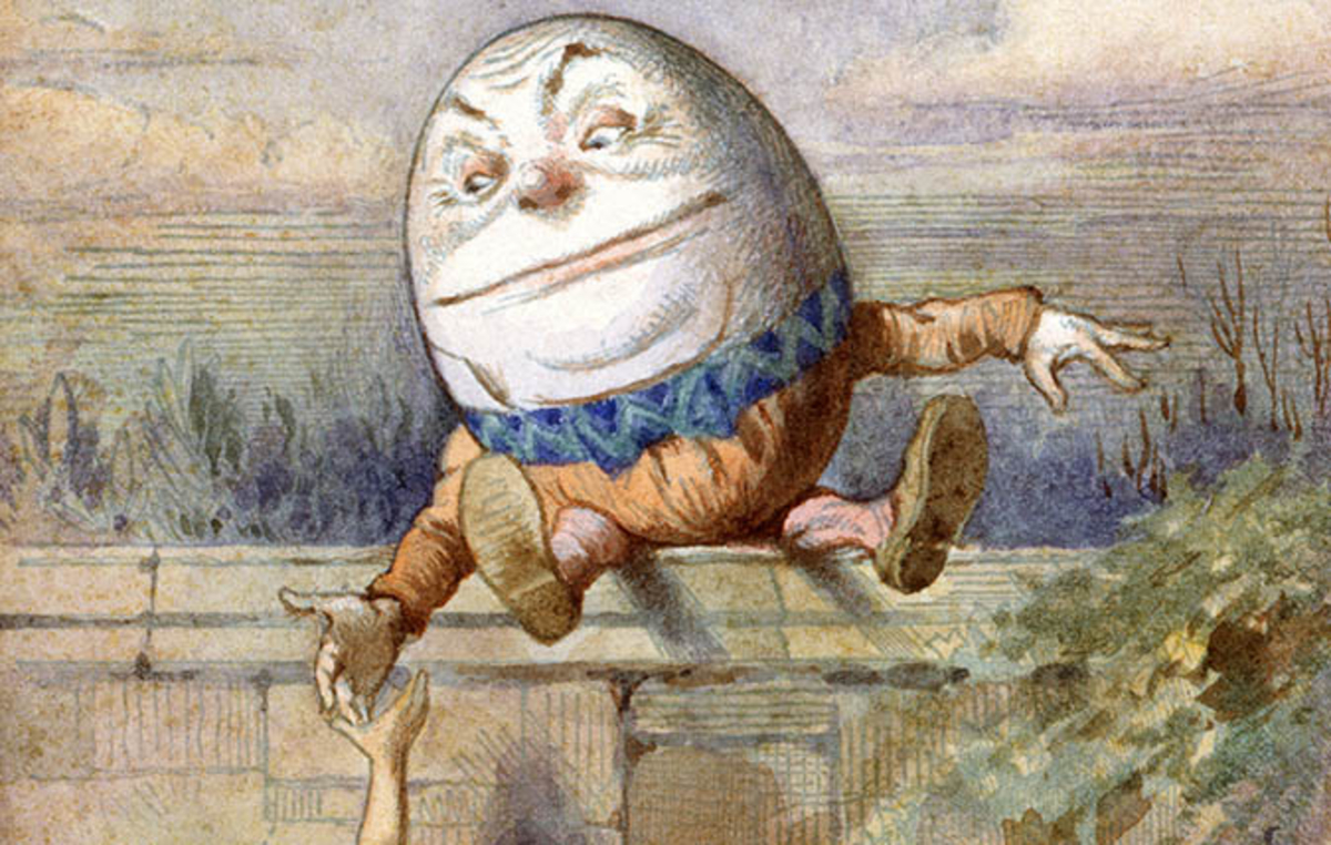 Humpty on a wall, From Alice in Wonderland by Lewis Carroll, Illustrated by Charles Lutwidge Dodgson.