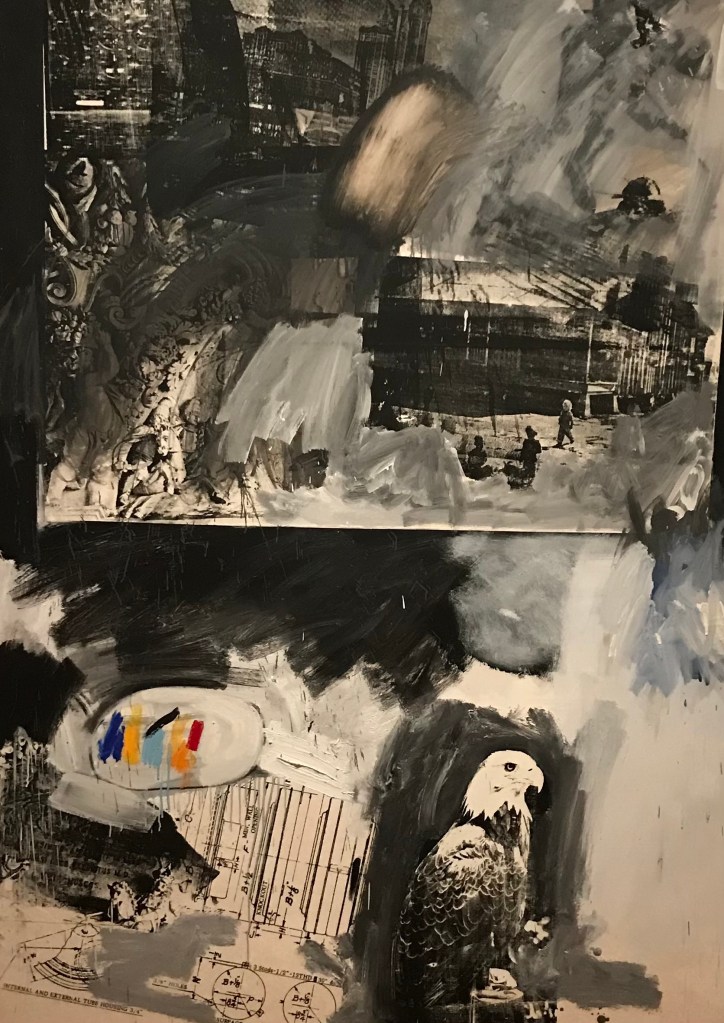 Large black and white Rauschenberg with eagle
