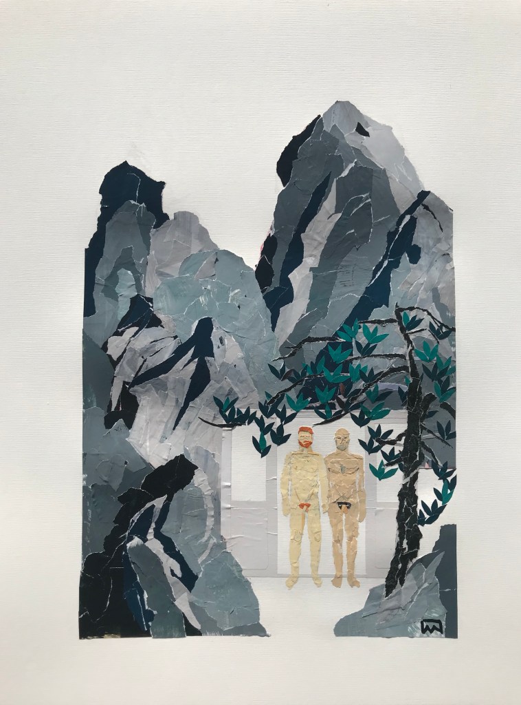 Chinese style mountains and pine tree with two naked men holding hands by Ray Monde