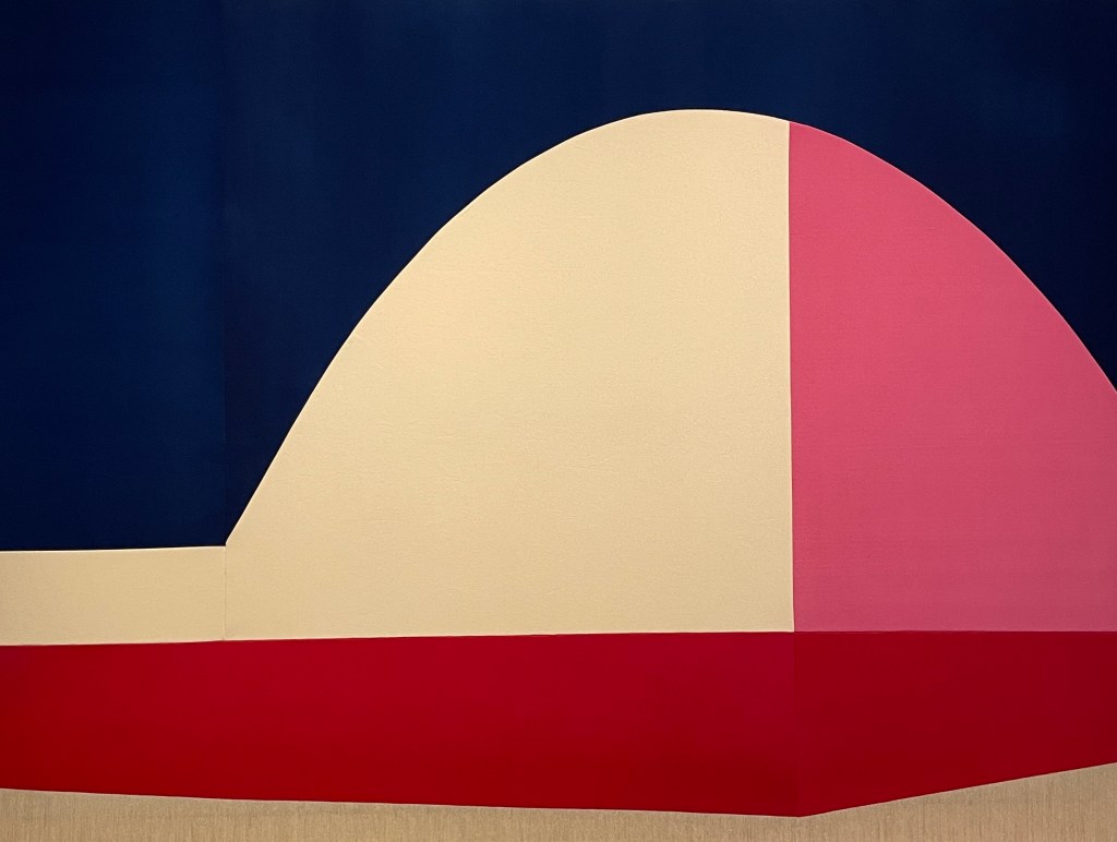 An artwork by Rebecca Ward of a dome of pink and white on a dark blue background and a red foreground reminiscent of a pregnant belly