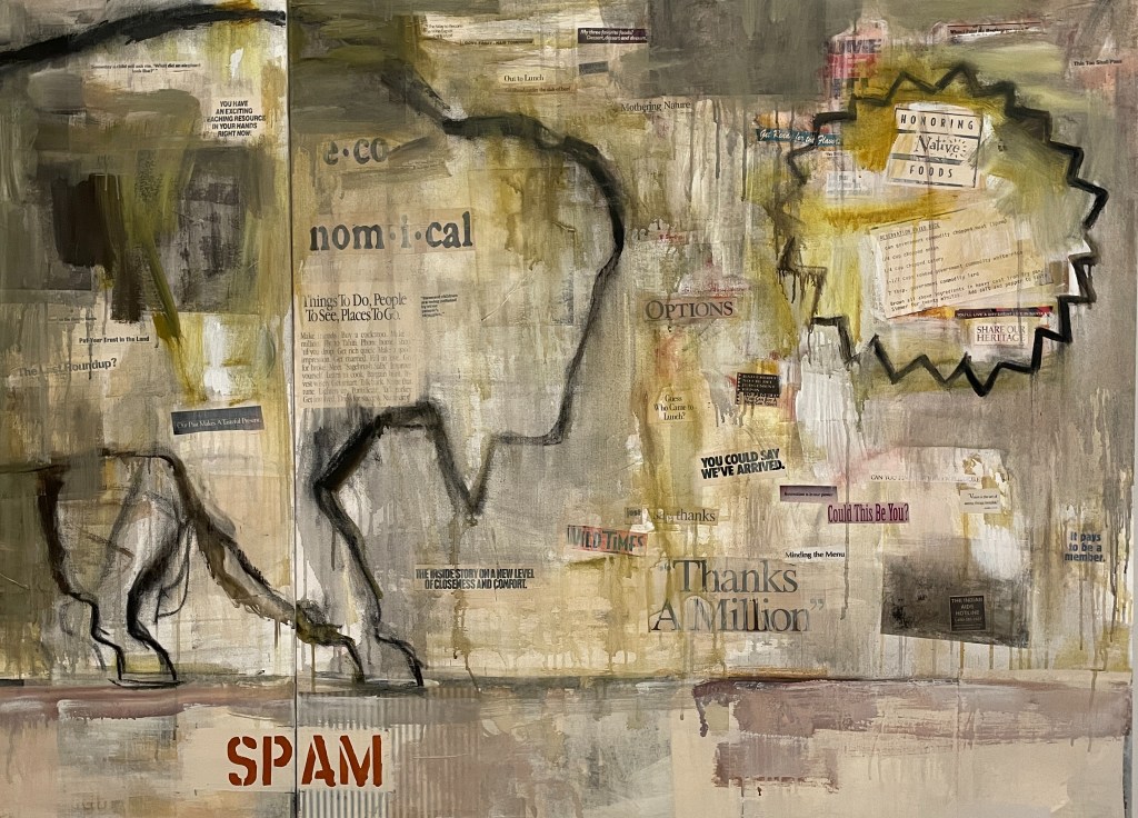 Bison charcoal sketch on collage