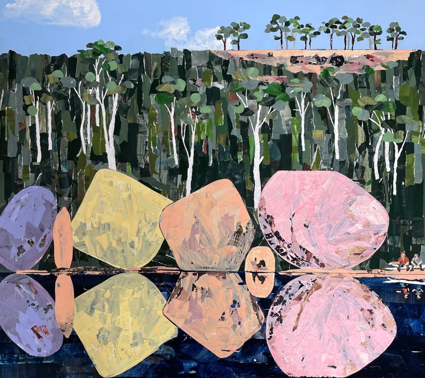 A collage by artist Ray Monde showing four huge colourful rocks reflected in the perfectly still Shoalhaven River