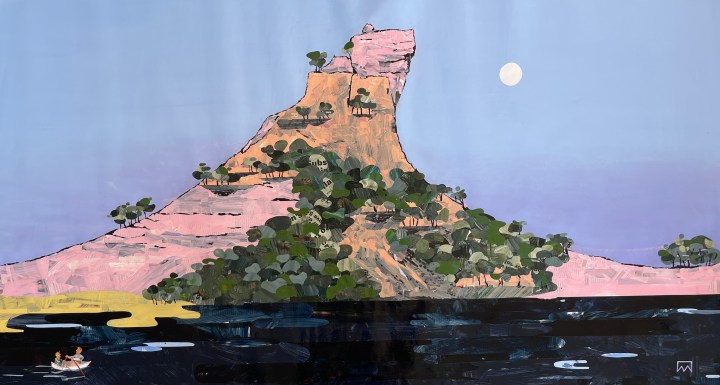 A collage by Ray Monde of Pulpit Rock on the Shoalhaven River in pinks and peaches with a large full moon
